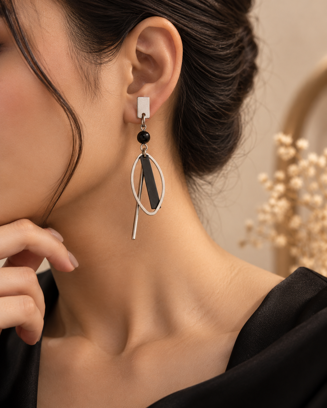 Arven Silver-Tone Black Geometric Drop Earrings