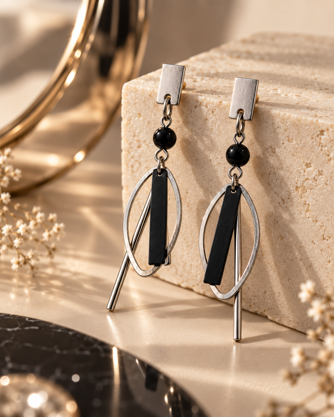 Arven Silver-Tone Black Geometric Drop Earrings
