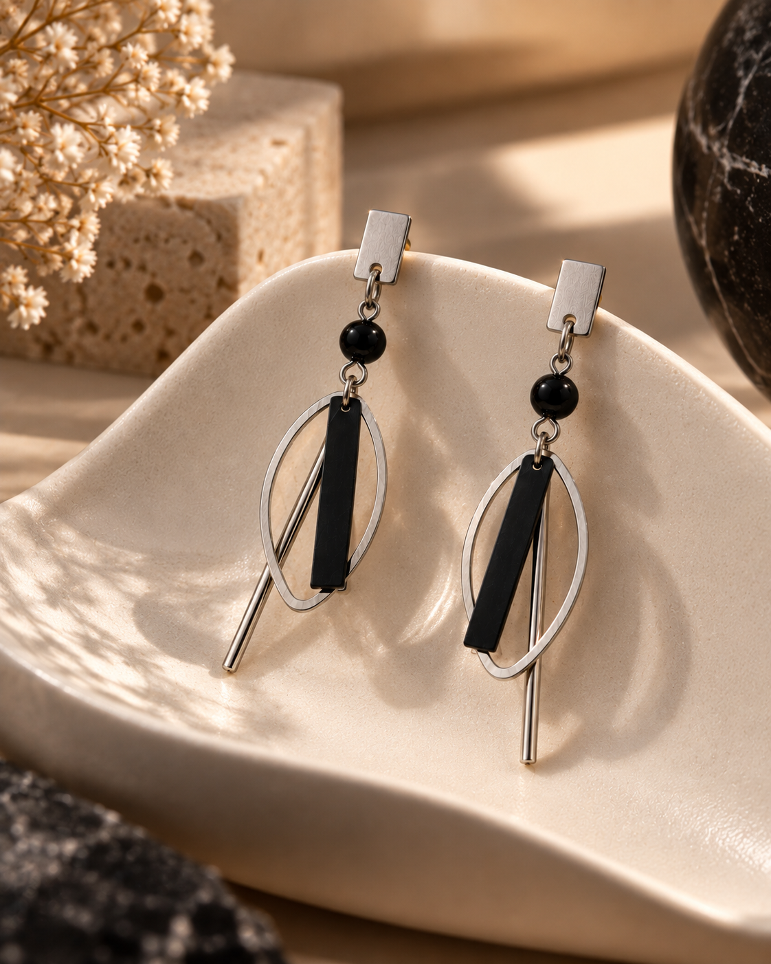 Arven Silver-Tone Black Geometric Drop Earrings