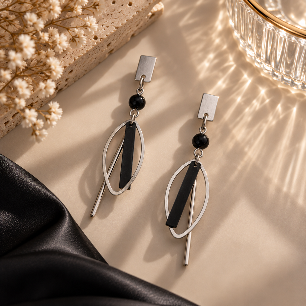 Arven Silver-Tone Black Geometric Drop Earrings