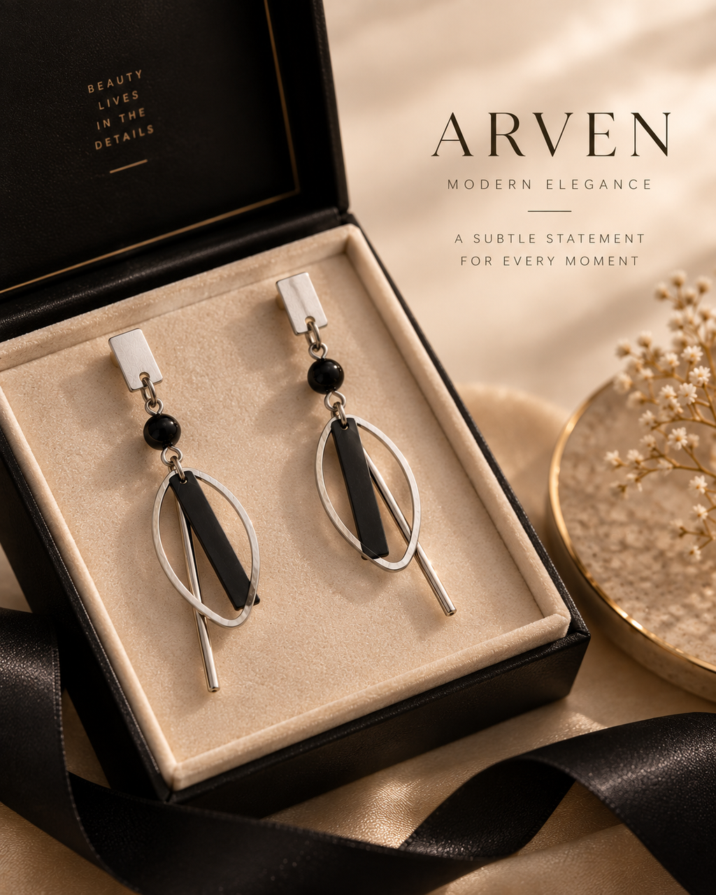 Arven Silver-Tone Black Geometric Drop Earrings