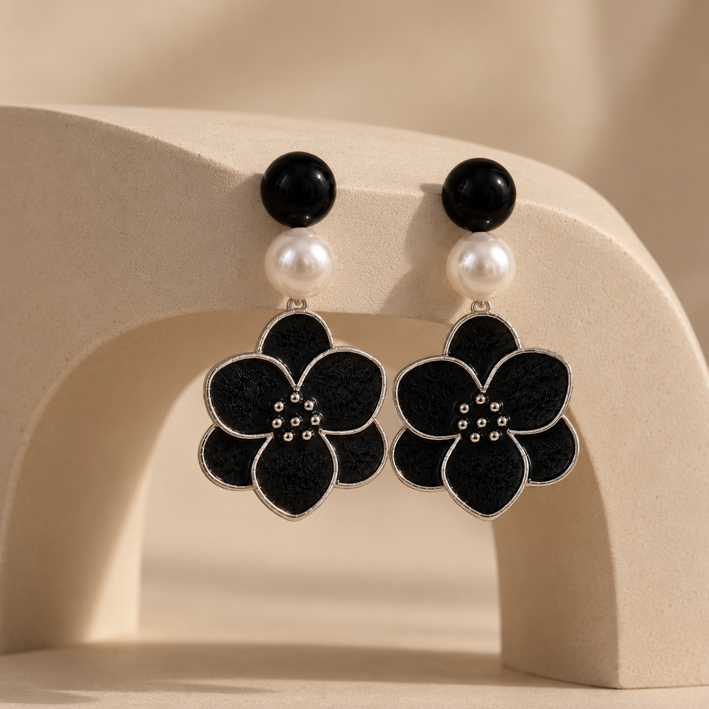 Noir Bloom Pearl Drop Earrings