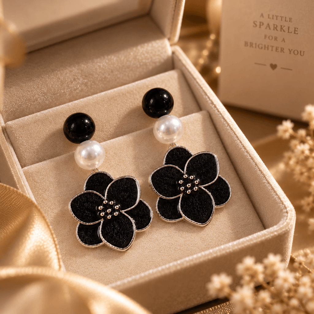 Noir Bloom Pearl Drop Earrings