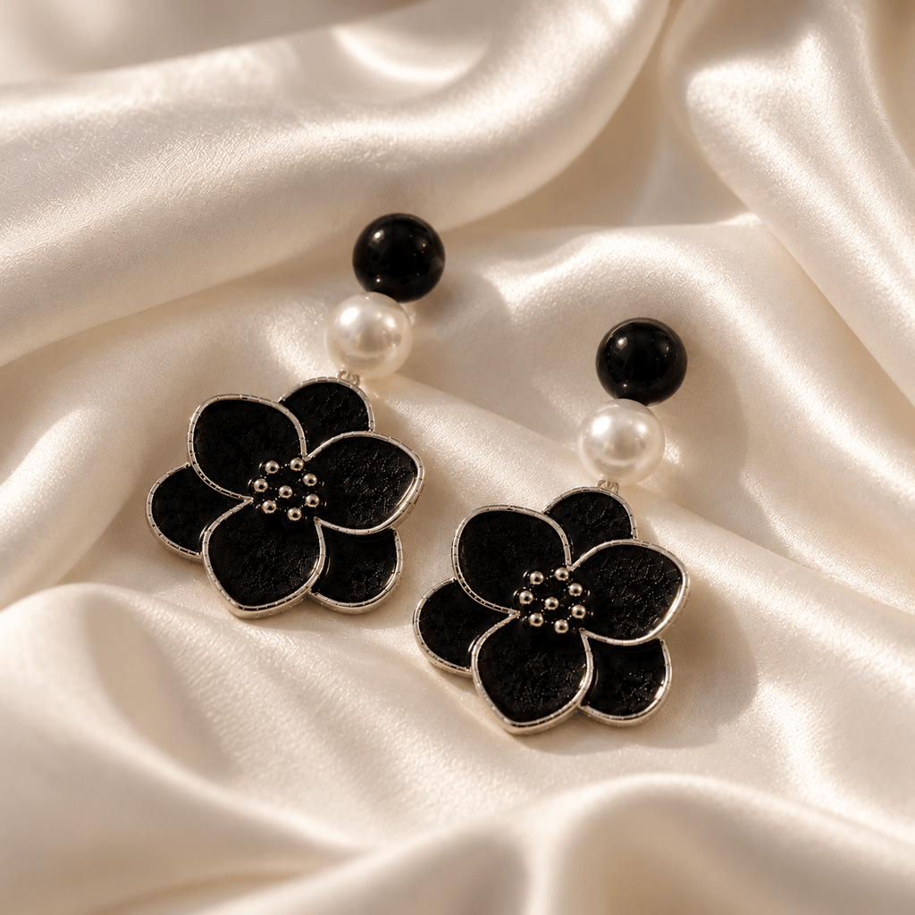Noir Bloom Pearl Drop Earrings