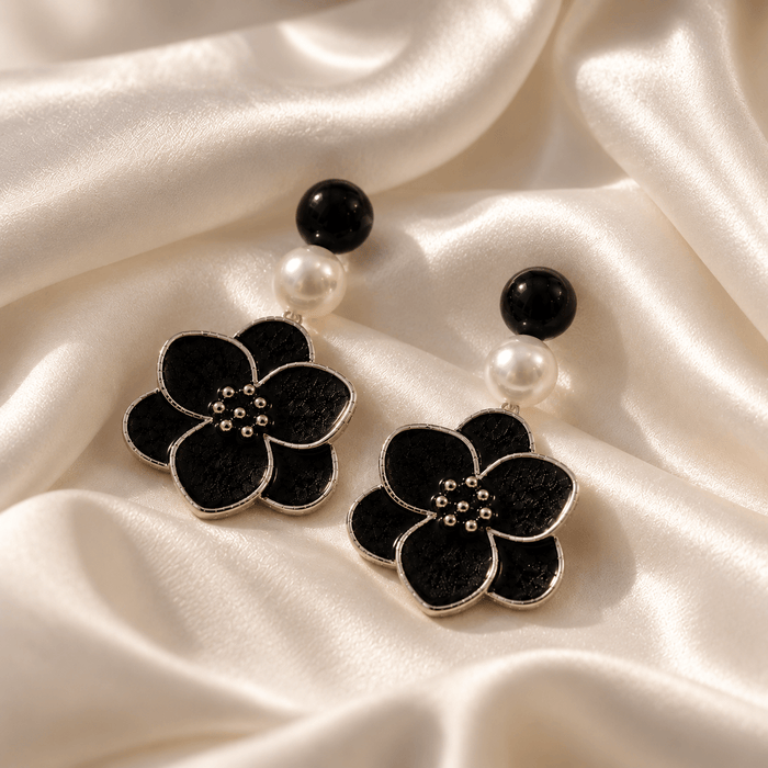 Noir Bloom Pearl Drop Earrings