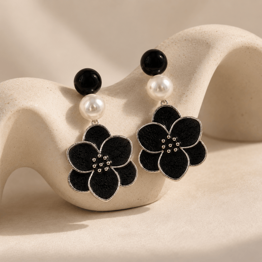 Noir Bloom Pearl Drop Earrings