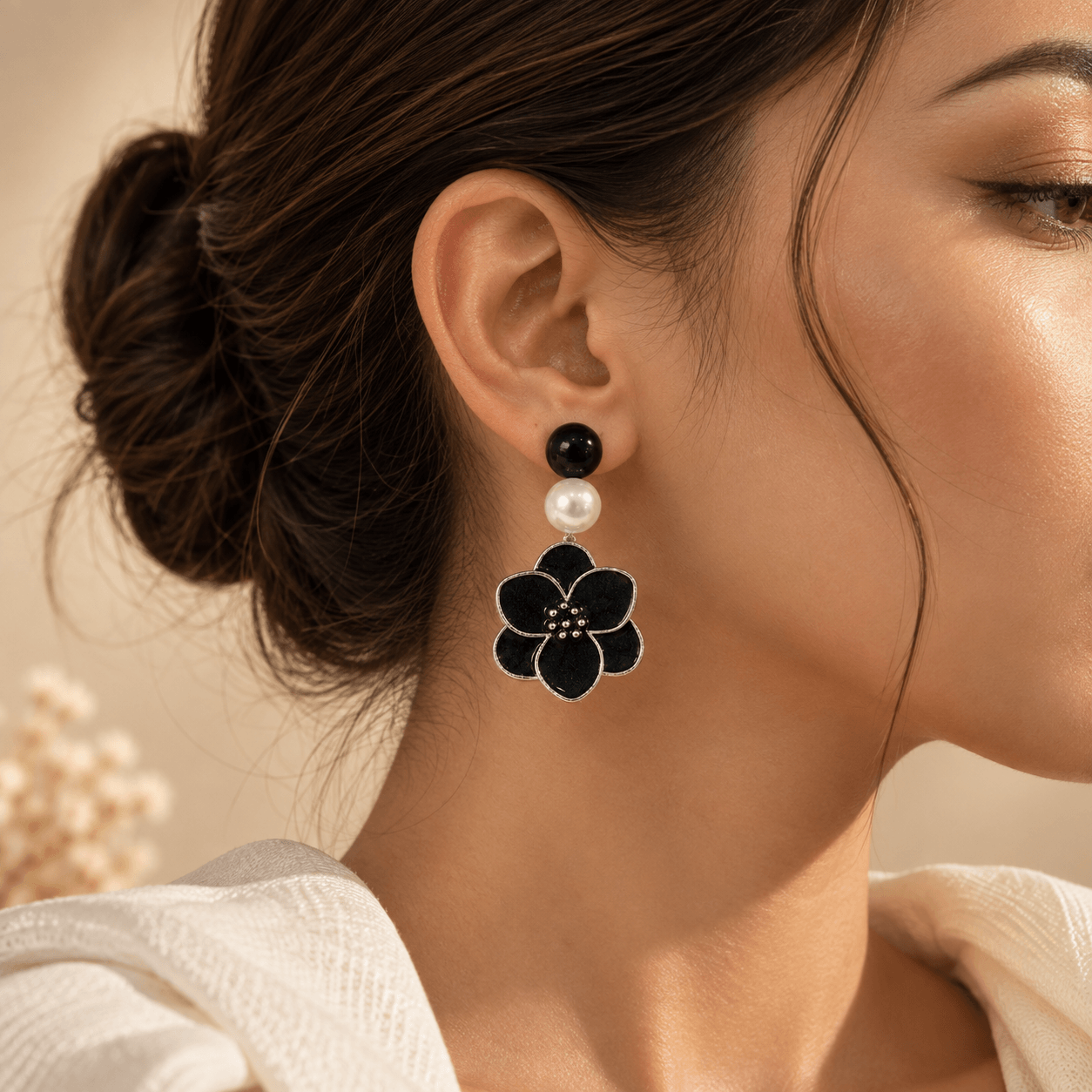 Noir Bloom Pearl Drop Earrings